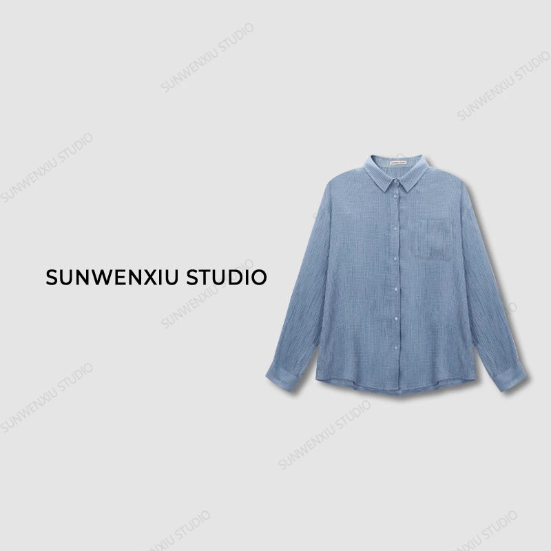 swx studio3店 “奶蓝小格”100%全棉私服系列叠穿搭配薄棉纱衬衣