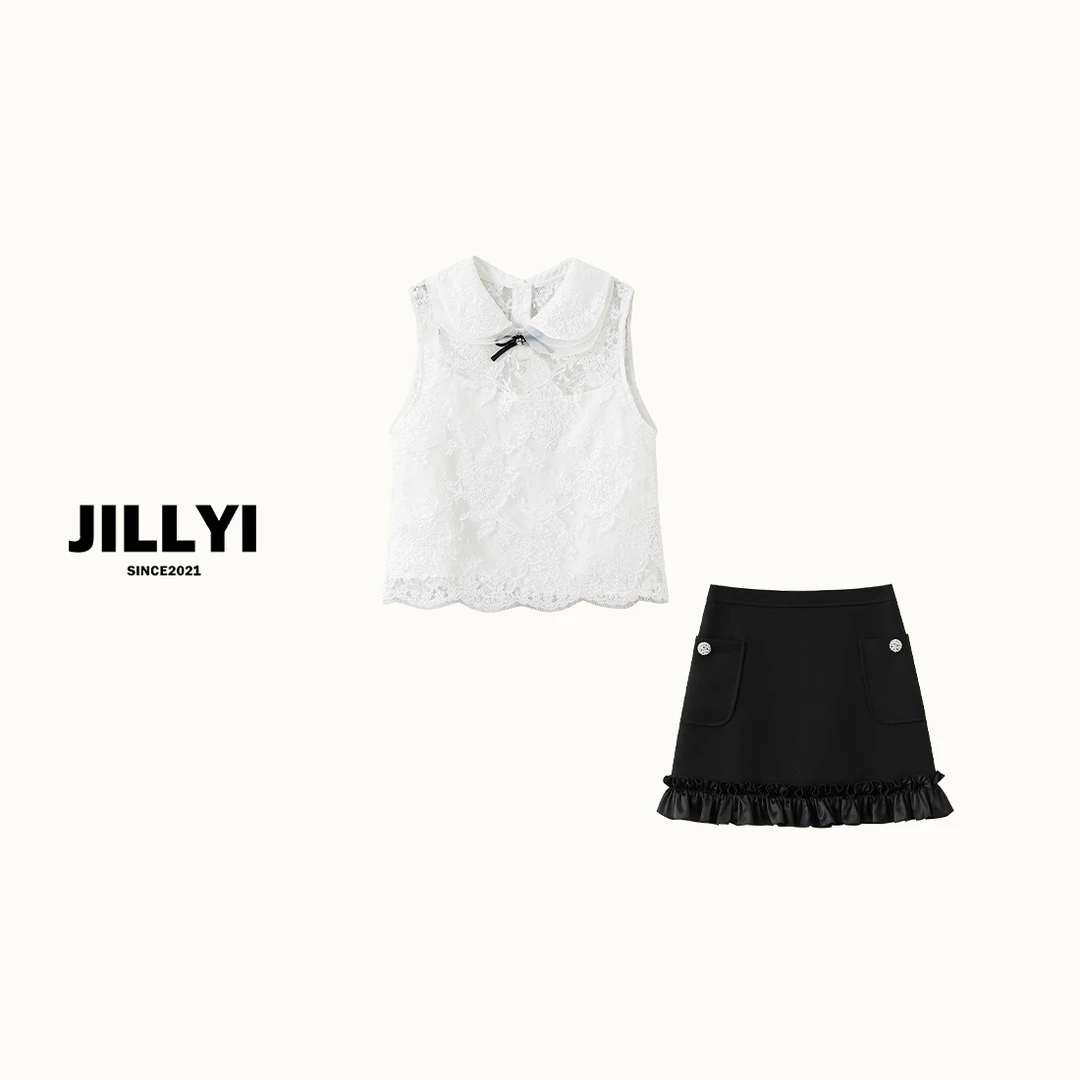 JILLYI珠海店【少女盛夏】+【冷黑雨季】白色网纱T恤+黑色半身裙套装