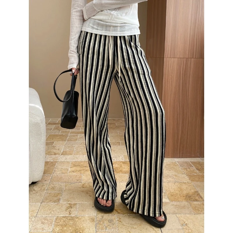 司南 早春新款 松弛肌理感竖条纹宽松垂感休闲拖地阔腿裤 SN7114