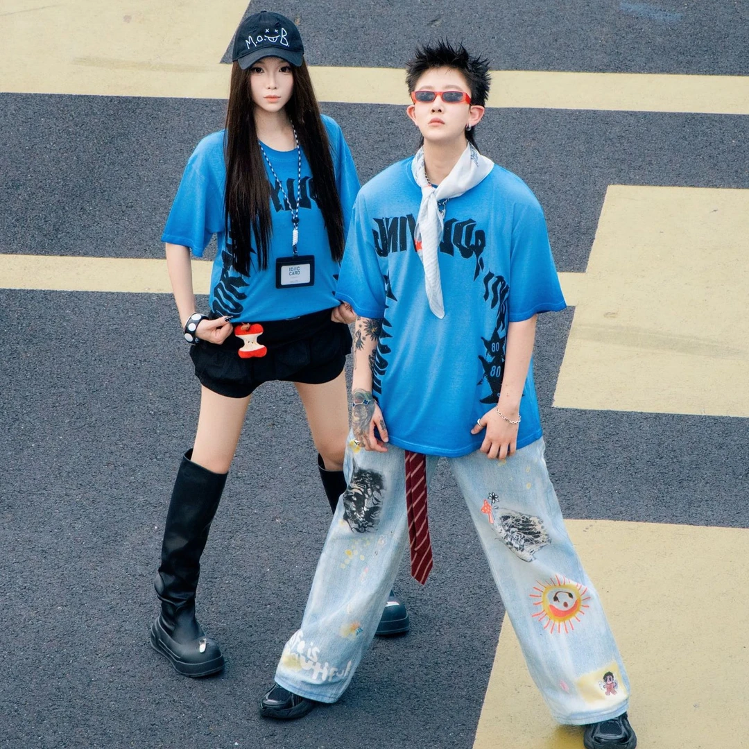 【原创】IMMORTAL蓝色渐变炫染美式短袖t恤潮牌ins多巴胺服装女