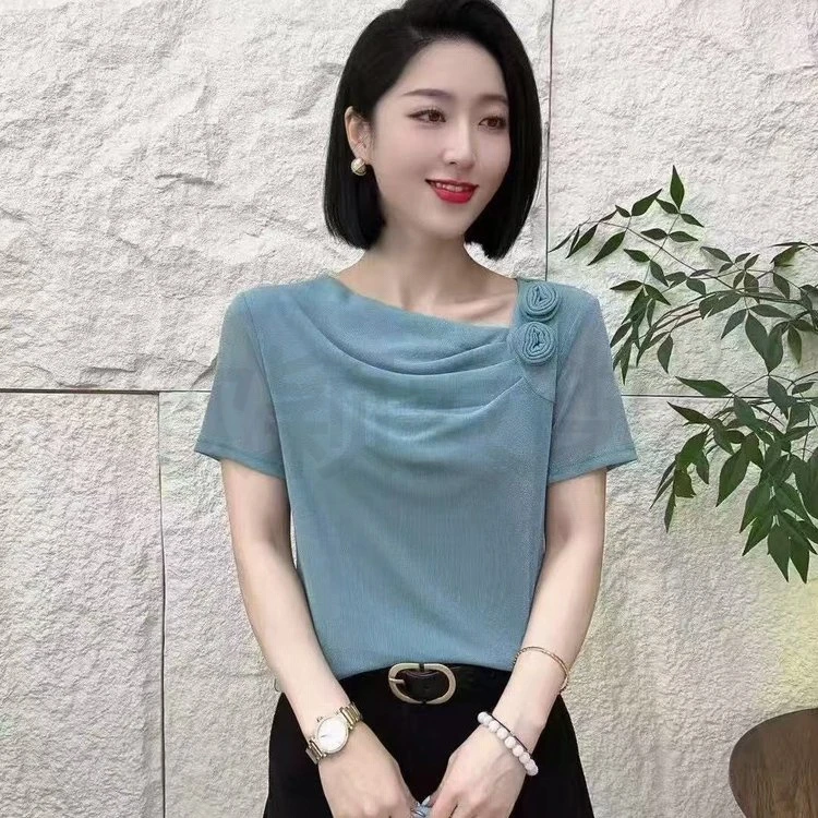 夏季堆堆领花朵时尚T恤短袖半袖弹力网纱洋气显瘦减龄上衣女装