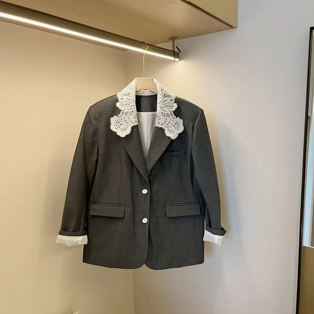 【豆子推荐】81226 春季韩版蕾丝花边领口西装外套时尚