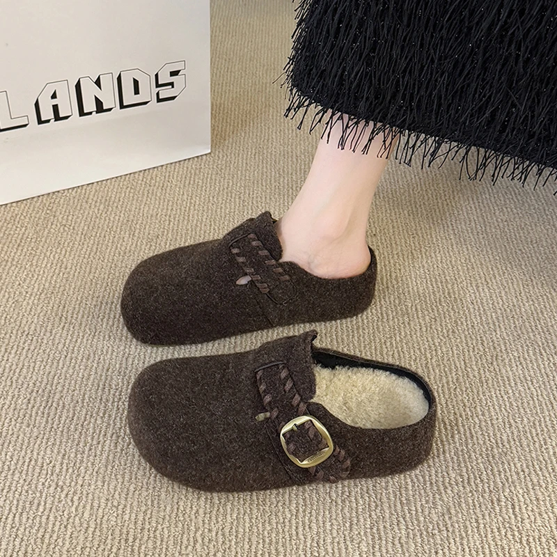 三福复古呢子包头半拖鞋女外穿2025秋冬新款一脚蹬厚底毛毡勃肯鞋