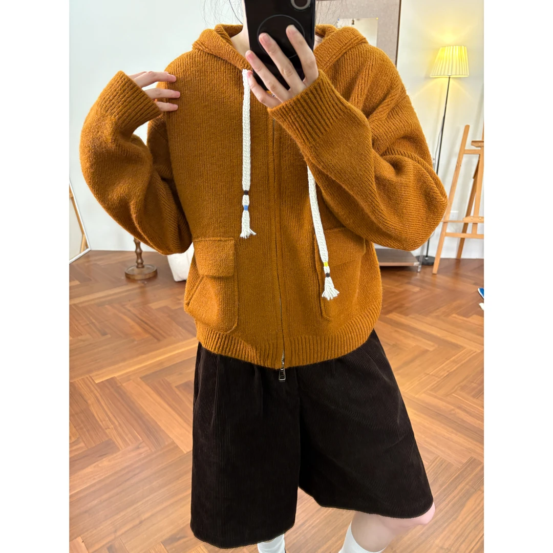 韩系休闲高级连帽毛衣外套女2025秋冬新款显白宽松显瘦拉链针织衫