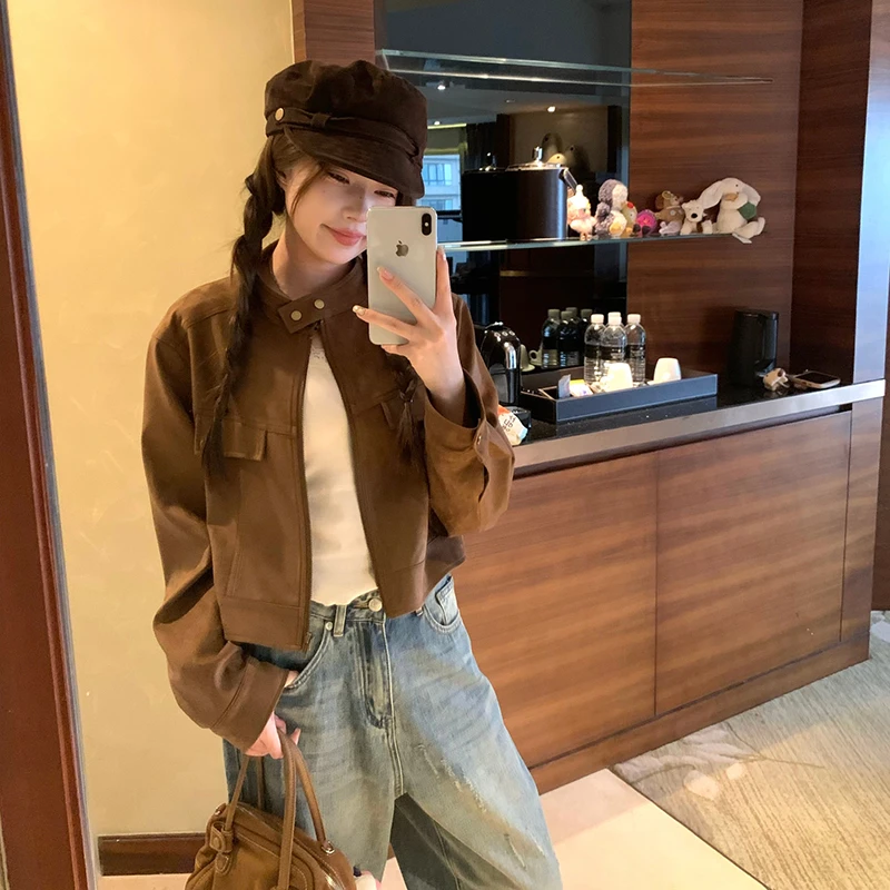 小个子短款立领仿麂皮绒夹克皮衣女秋季新款韩系百搭宽松外套上衣