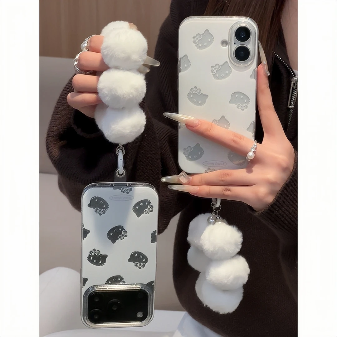 日韩镂空闪粉KT猫挂绳适用苹果16/17手机壳华为vivoppo小米15软壳