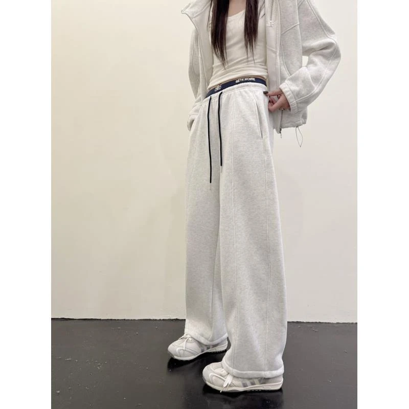 NXH-[穿搭日记]加绒美式宽松垂感字母拼接运动休闲裤R-25919