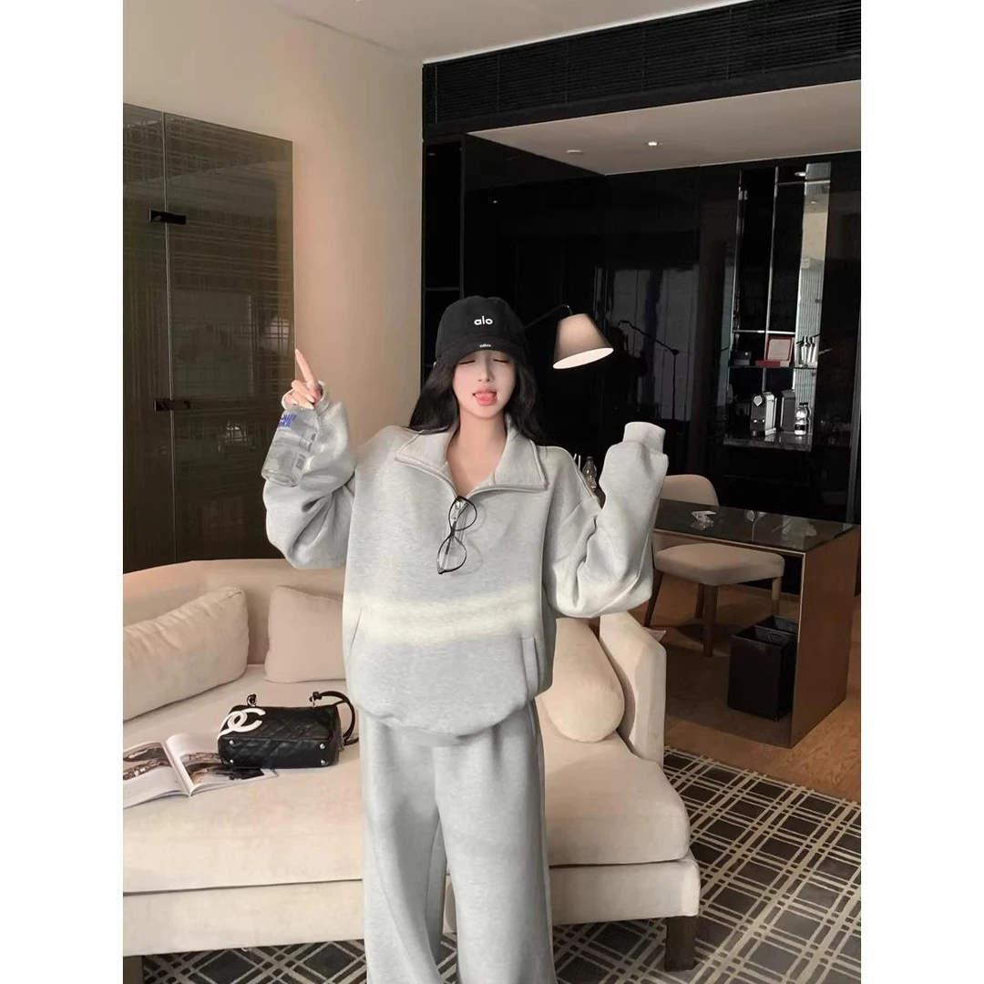 新款时尚慵懒风灰色翻领长袖卫衣上衣女秋季显瘦休闲裤长裤两件套