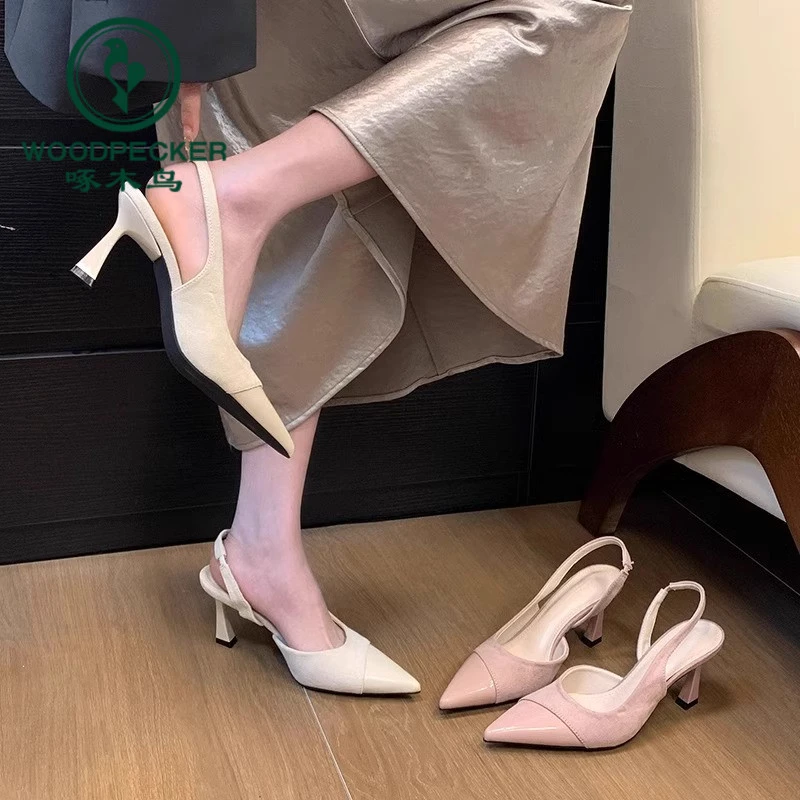 啄木鸟法式气质仙女风包头凉鞋粉色尖头高跟鞋通勤后空绒面单鞋女