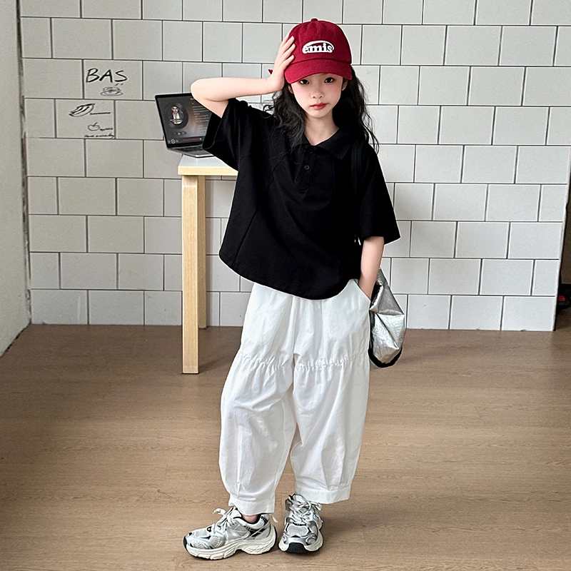 女童夏装短袖t恤2025新款中大童潮酷夏季黑色polo衫白色裤子套装T