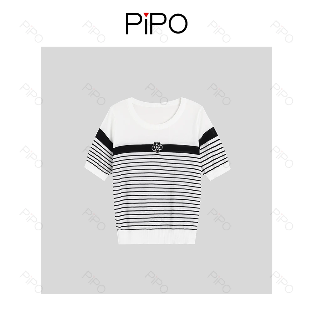 PIPO轻奢丝滑山茶花短袖针织衫圆领时尚条纹T恤女DD52Z090