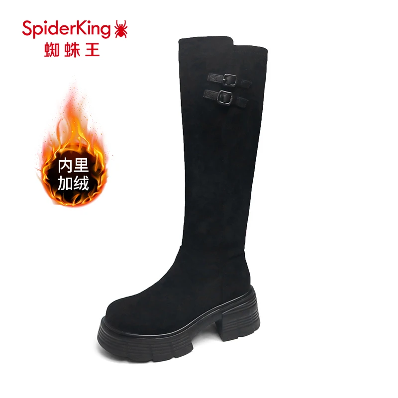 蜘蛛王女鞋冬季新款加绒高筒圆头黑色直筒靴秋冬弹力靴时装靴
