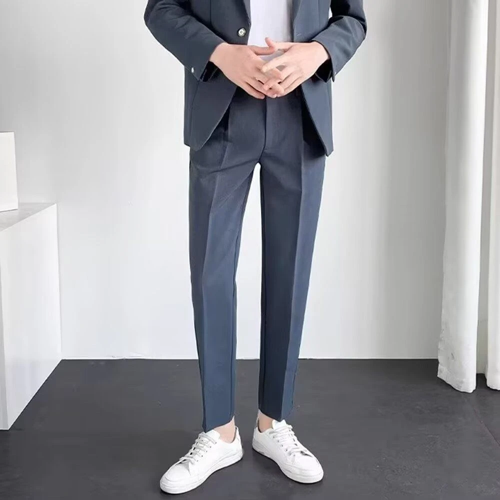 [商务风]小西裤男士九分修身直筒休闲长裤子高级垂感黑色西装裤