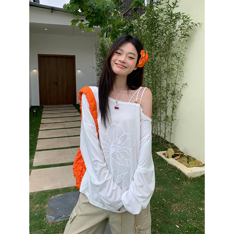 宋正恩白色斜肩防晒罩衫长袖t恤女韩系宽松休闲花朵印花上衣SH070