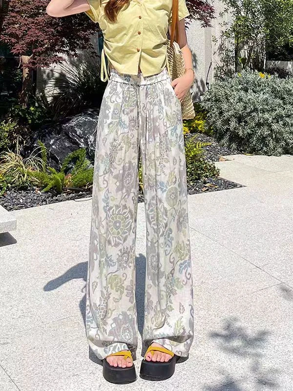 【雪儿】9397-四季青复古印花冰麻阔腿裤夏装新款女装休闲裤子