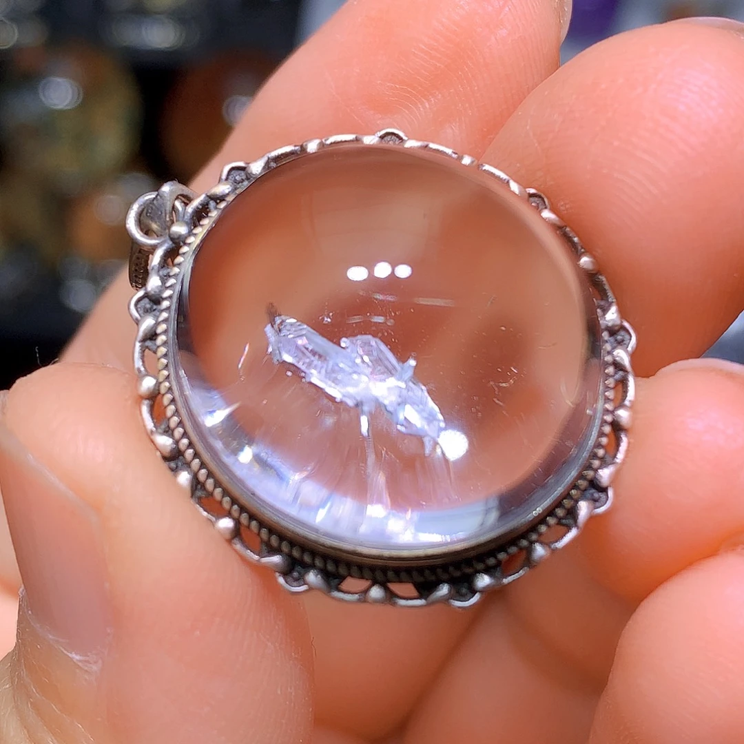 水晶吊坠银S925镶嵌天然水晶