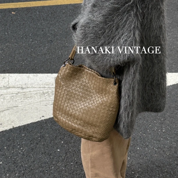 95新 BOTTEGA VENETA/葆蝶家 花绮中古/BV拿铁棕编织水桶单肩包