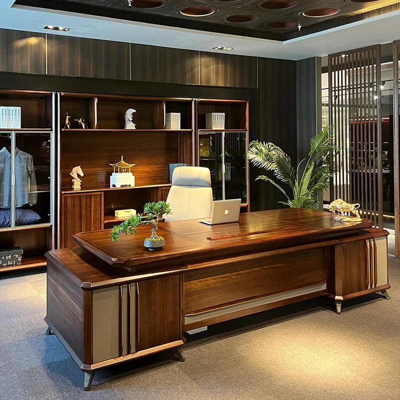 新中式乌金木办公桌老板桌北美黑胡桃木现代简约总裁大班台高定制