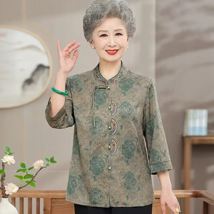 中老年人新中式国风衬衫奶奶装夏季七分袖民族风老太太妈妈装小衫
