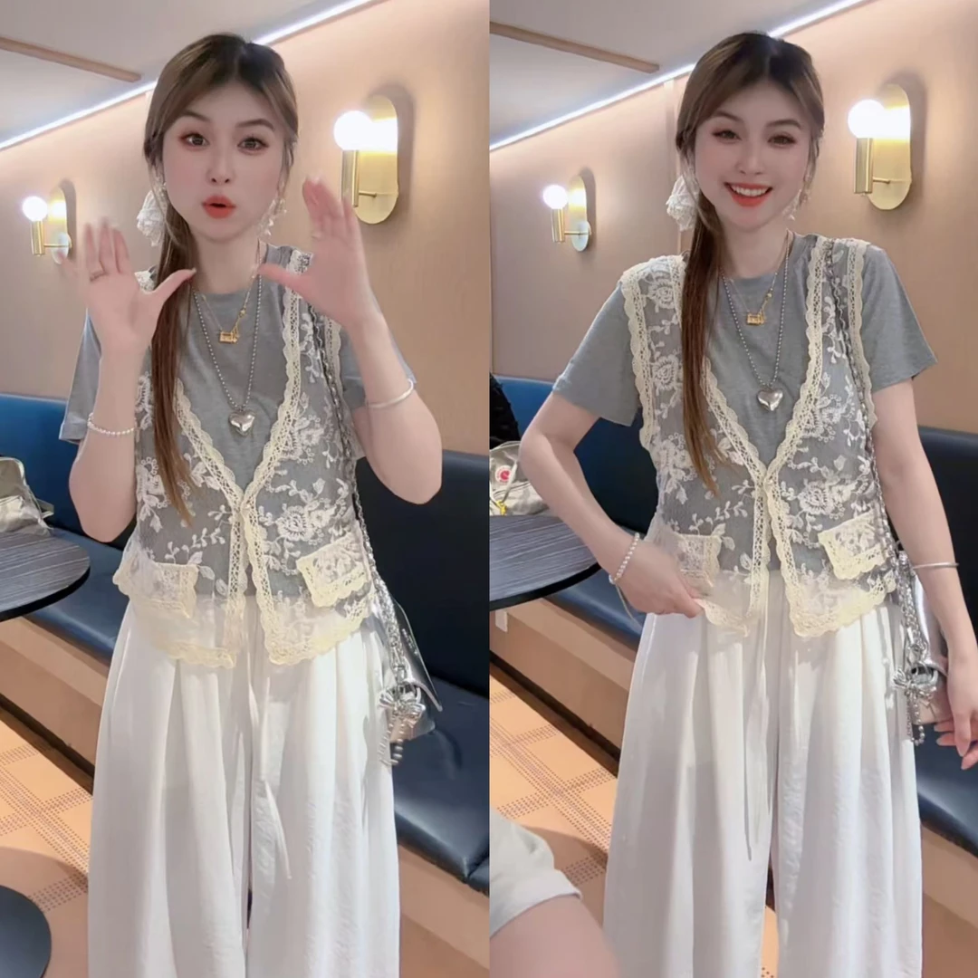 夏季新款刺绣蕾丝拼接假两件女时尚洋气设计感百搭上衣