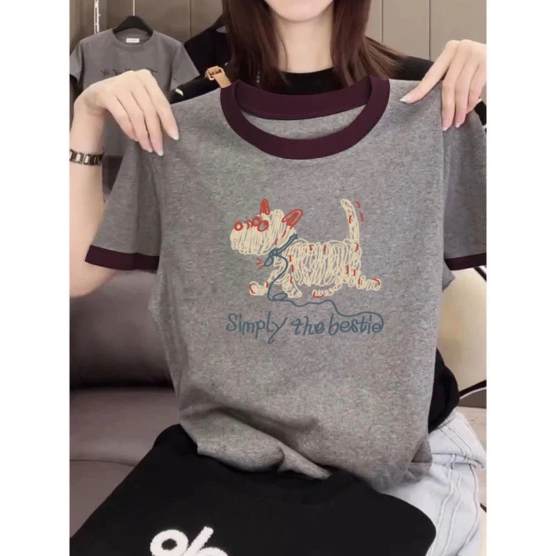 夏季不撞款正肩拼色短袖t恤女2025新款时尚百搭减龄显瘦小众上衣