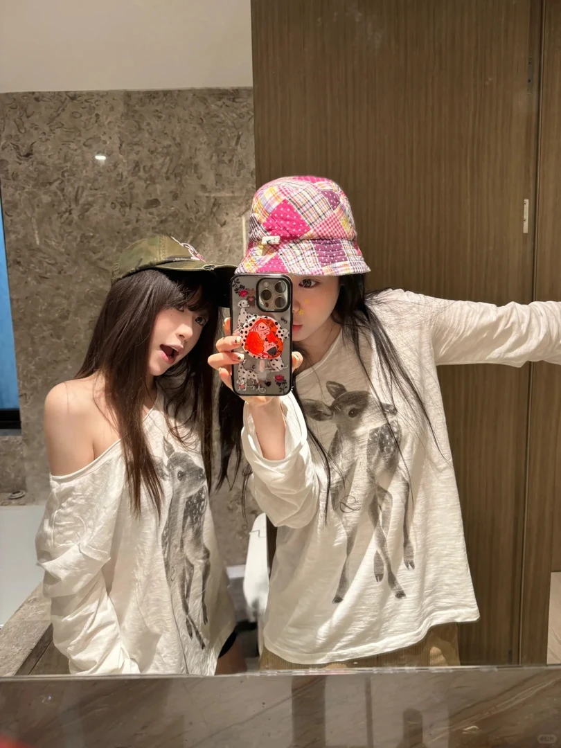 欧美式长袖防晒小鹿乱撞印花罩衫t恤女百搭春夏美式休闲上衣ins风