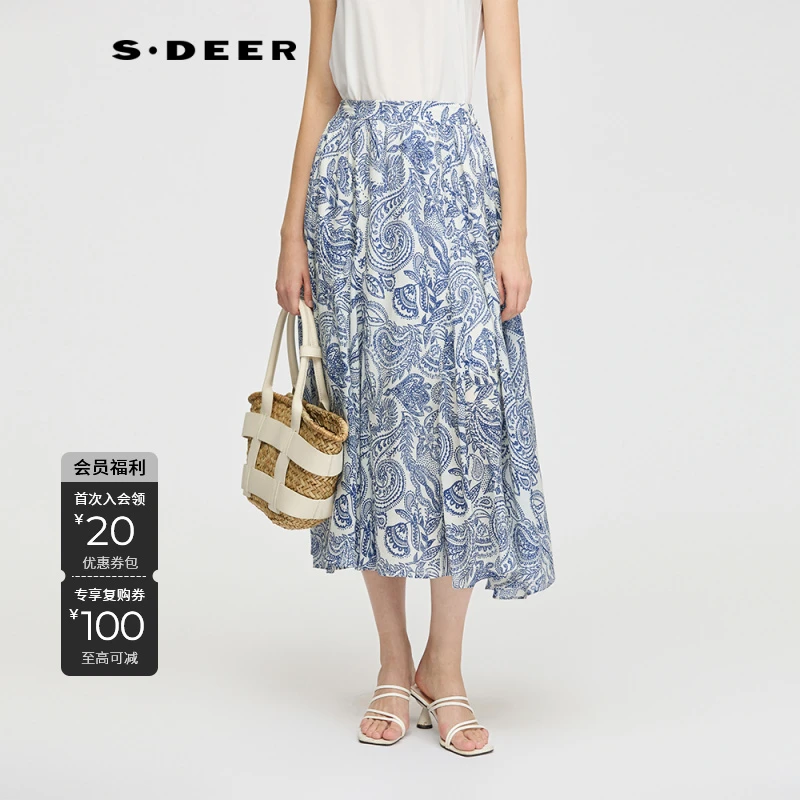S·DEER圣迪奥碎花显瘦气质高腰时尚百搭夏季印花半身裙S252Z1128