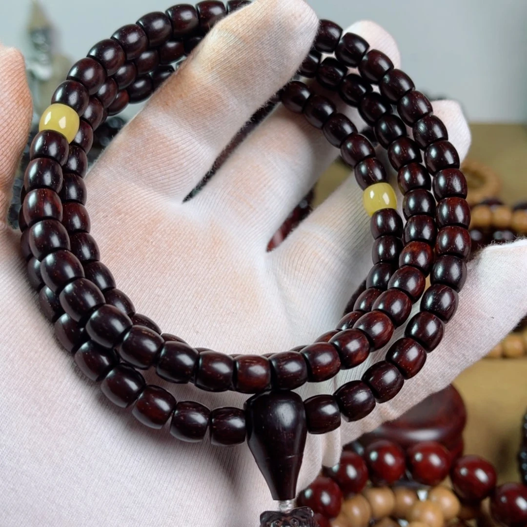 小叶紫檀手串/手链7.3/8直切高油密小满星配蜜蜡