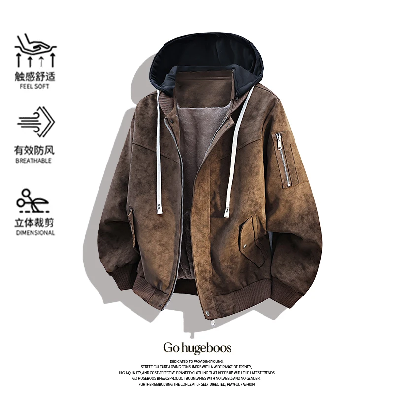 美式工装假两件连帽夹克男士冬季新款加绒保暖防风大码PU皮外套