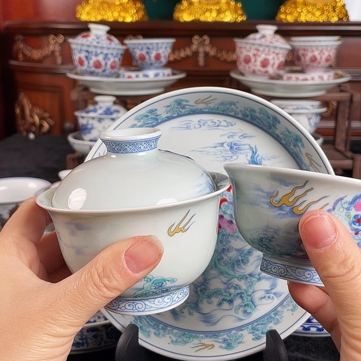 斗彩醒狮三件套茶具