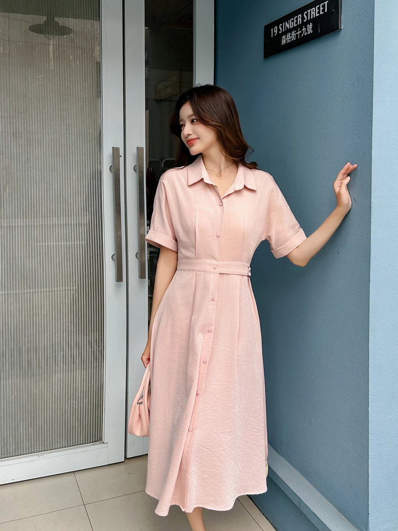 2025新款时尚纯色设计感polo领连衣裙535墨气质夏季休闲