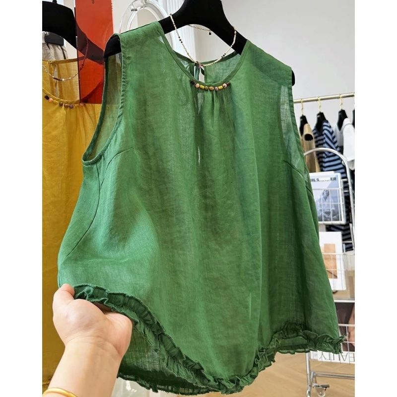 D00814韩系木耳边巨好看无袖上衣女夏高端纯苎麻外穿马甲背心小衫
