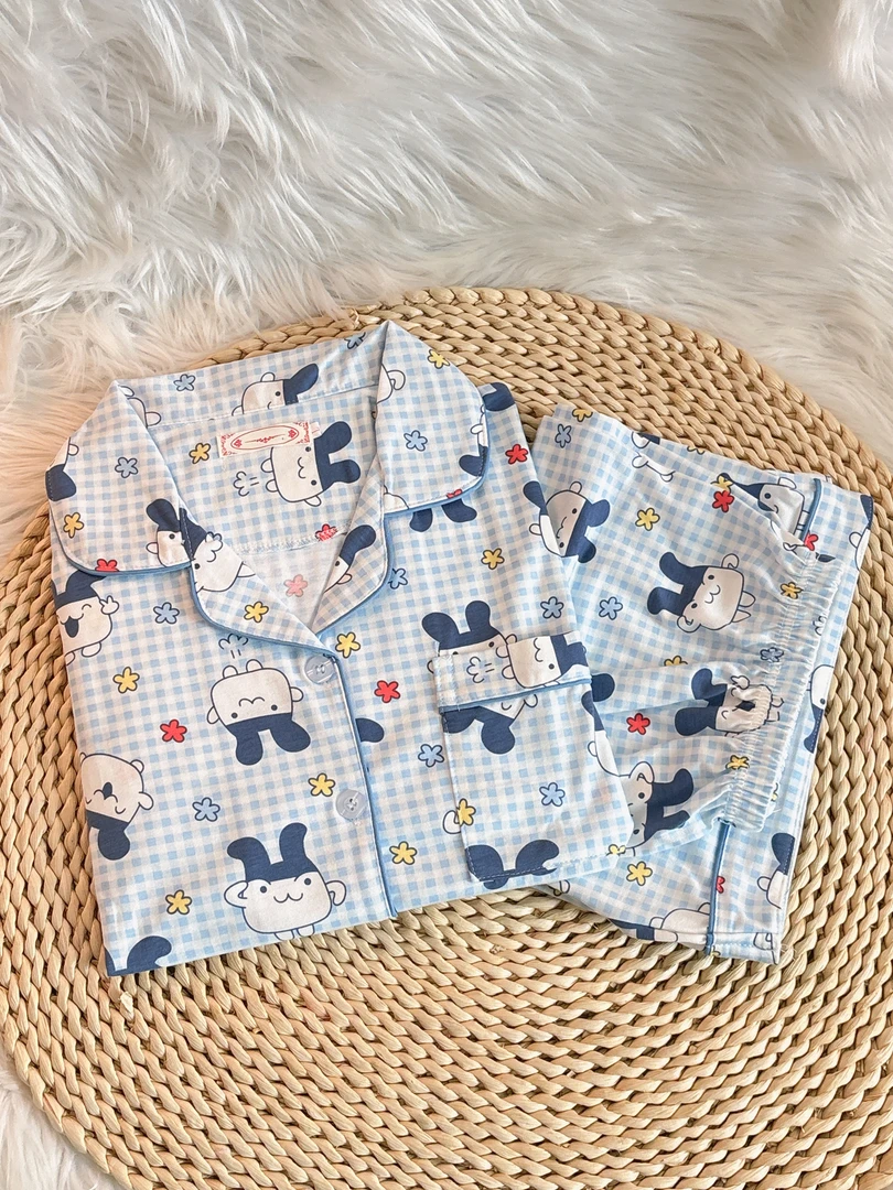 夏季卡通可爱短袖睡衣女日系拓麻歌子咪咪吉蓝格子棉质家居服套装