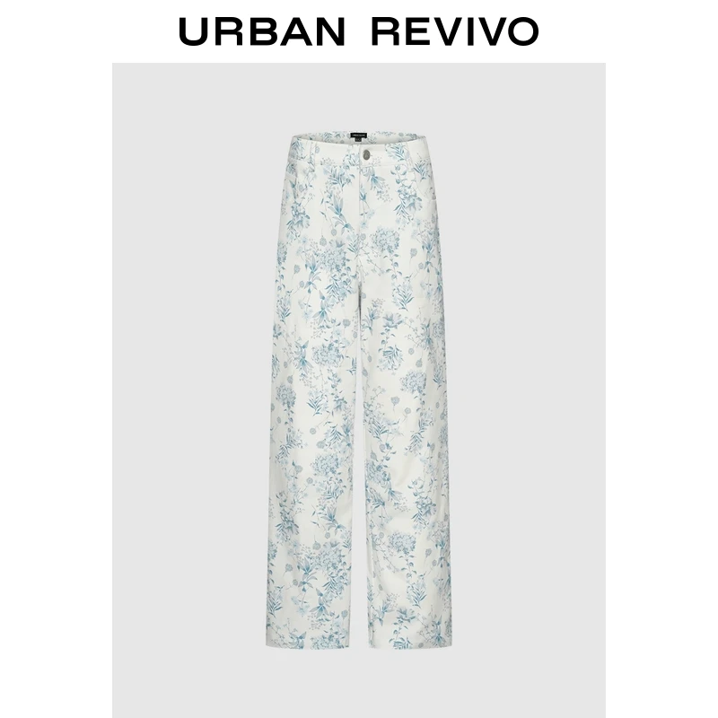 UR2025秋季新款女装休闲清新花卉图案修身直筒裤UWG650070