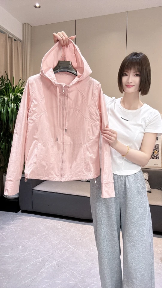 夏季新款连帽抽绳设计款包边防晒衣短外套5218