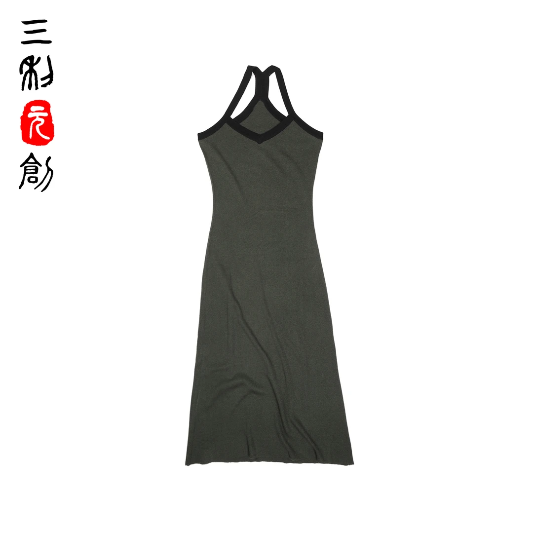 三利元创【NO退NO换】【春夏福利】蚕丝羊绒撞色交叉领连衣裙5094