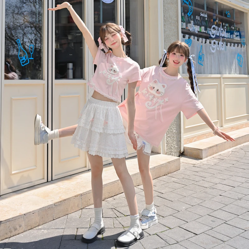 森女部落原创设计感粉色可爱猫咪宽松短袖T恤女2025夏季蕾丝上衣