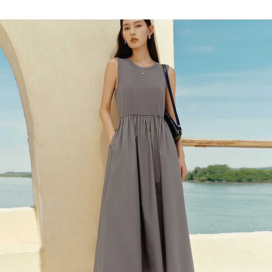 迪赛尼斯夏季新款灰色简约气质高腰裙圆领无袖纯色长款连衣裙