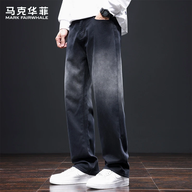 马克华菲莱赛尔天丝休闲裤男士2025秋季新款宽松直筒潮牌渐变裤子