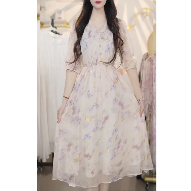 L527碎花裙女遮肚2025夏显瘦甜美超仙高档减龄雪纺印花粉色连衣裙