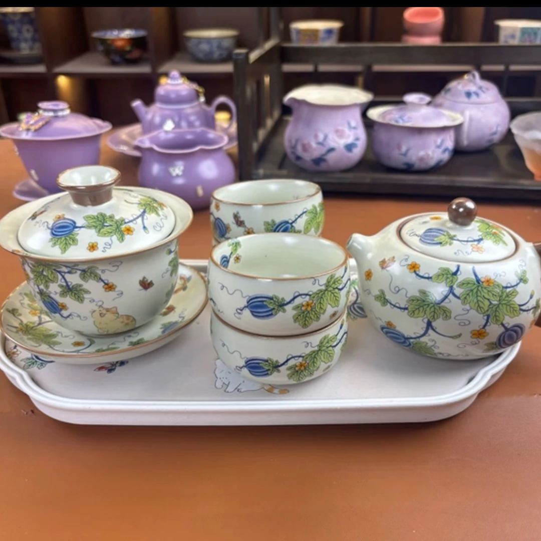 瓜藤一壶一盖碗四杯加茶盘