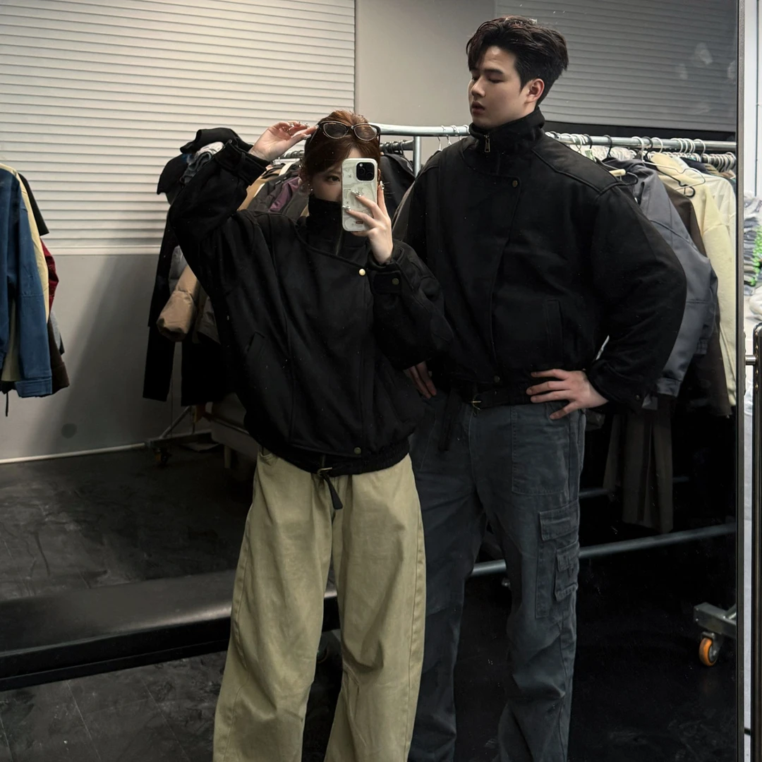 「TtAU」麂皮绒美式休闲立领解构立领短宽棉服外套