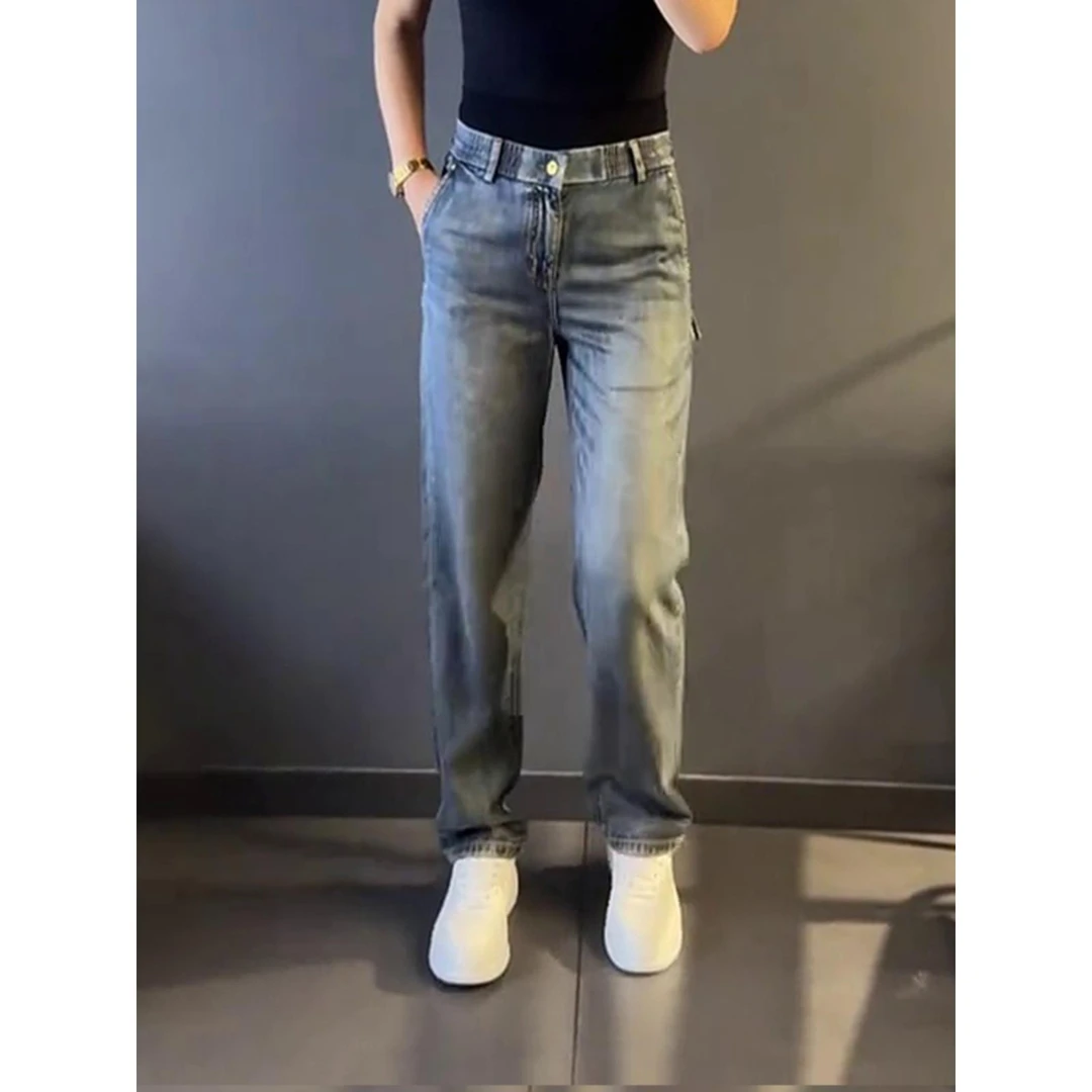 秋冬薄款大码男士时尚新款百搭显瘦宽松痞帅天丝牛仔裤直筒休闲裤