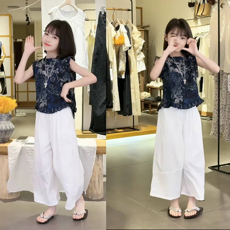 女童夏季套装复古设计感无袖上衣休闲裤两件套2025新款中大童国风