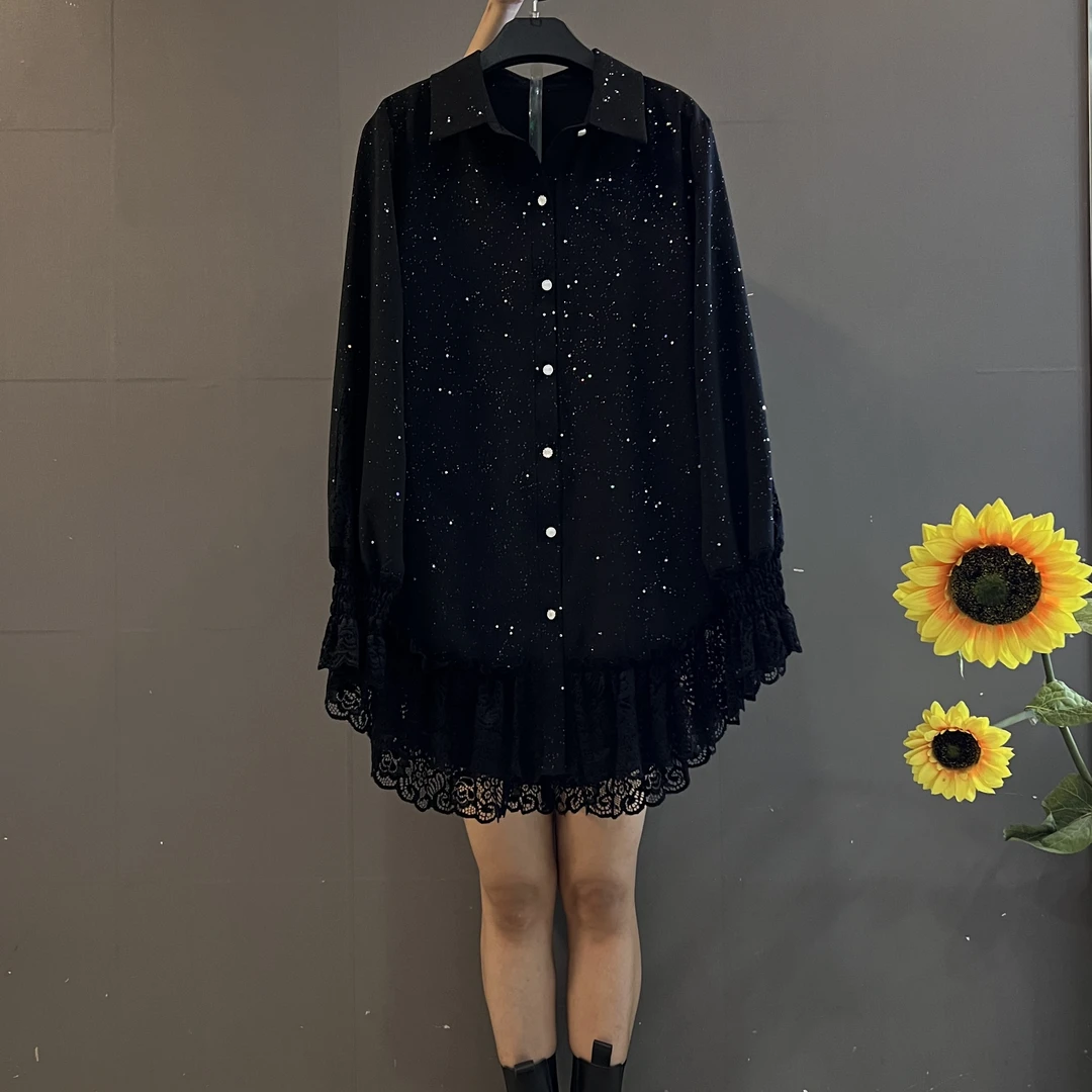 新款时尚简约衬衫领宽松遮肚蕾丝花边亮闪闪大衫
