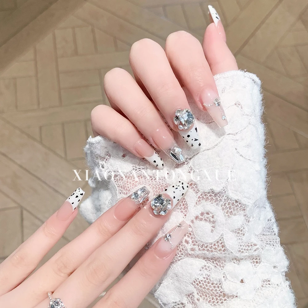 【星点幻境】手工定制美甲穿戴甲闪钻猫眼中长款波点假指甲贴片