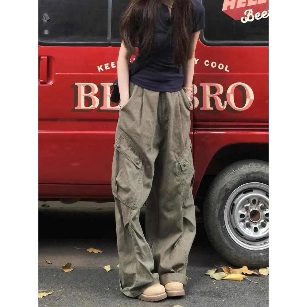 美式大口袋牛仔工装裤女春季新款高腰气质百搭大版直筒长裤子