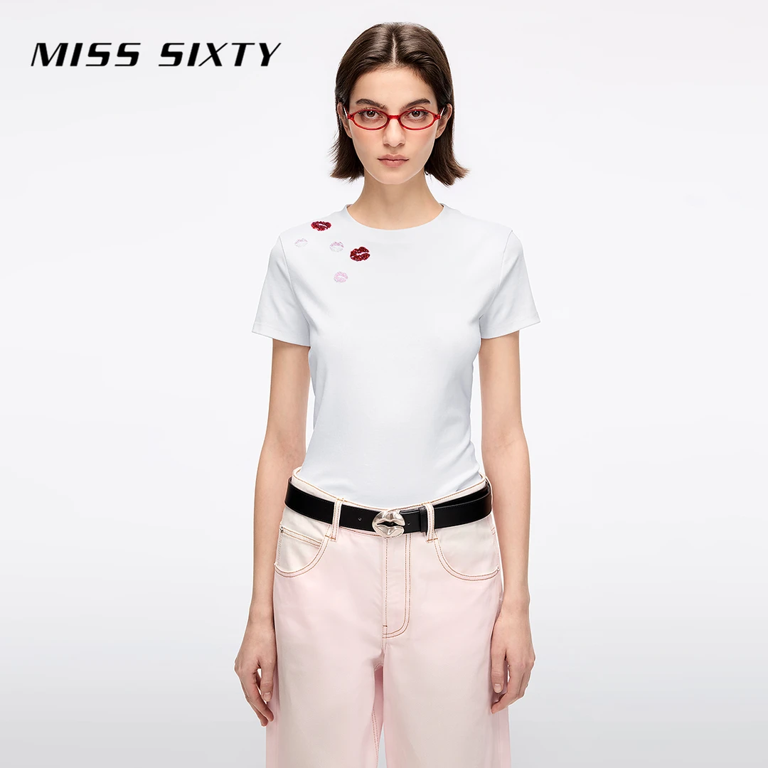Miss Sixty2025夏季新款短袖T恤女圆领显瘦正肩钉珠唇印弹力上衣