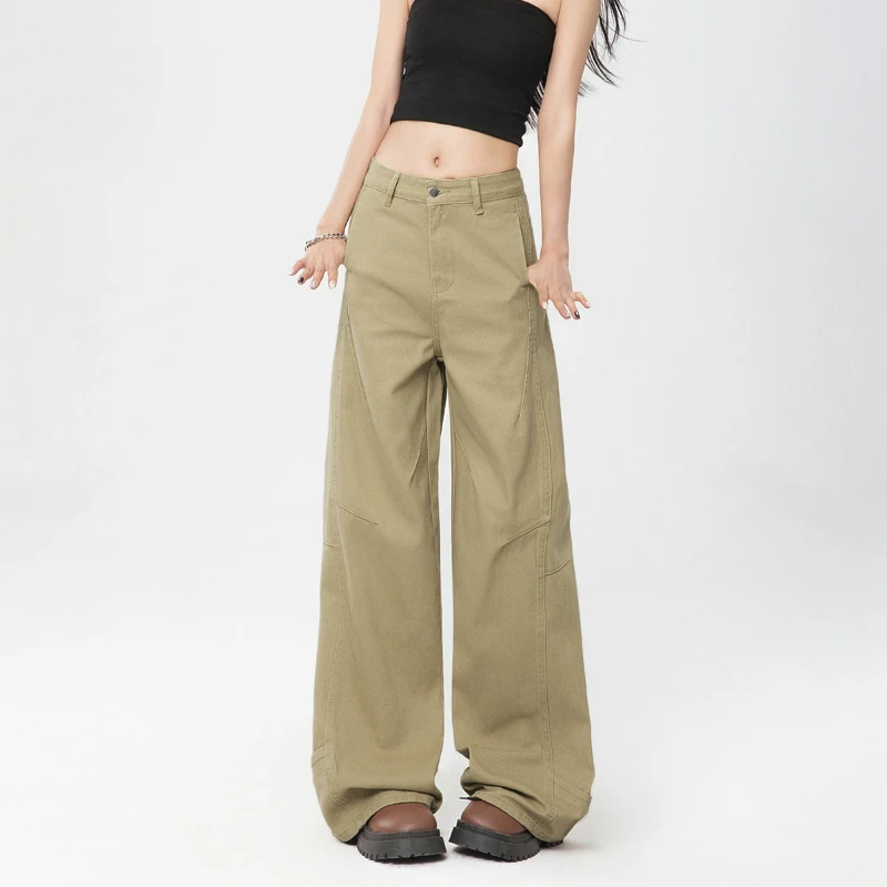 美式卡其色阔腿牛仔裤女2025春季新款高腰宽松显瘦拼接设计拖地裤