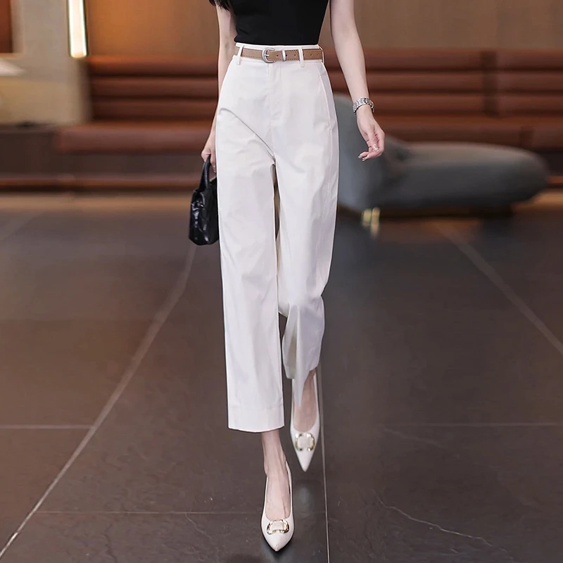 九分阔腿裤女夏季薄款2025新款高腰垂感西装女裤米白色窄版直筒裤